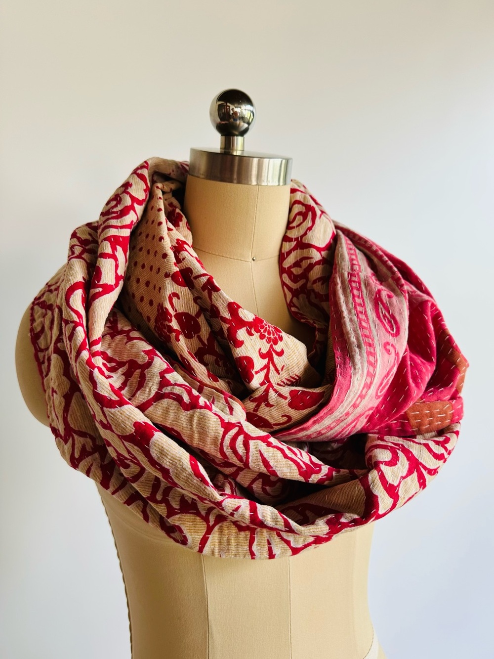World Market Kantha Patchwork Infinity Scarf Floral Paisley Boho Reversible - Picture 2 of 9
